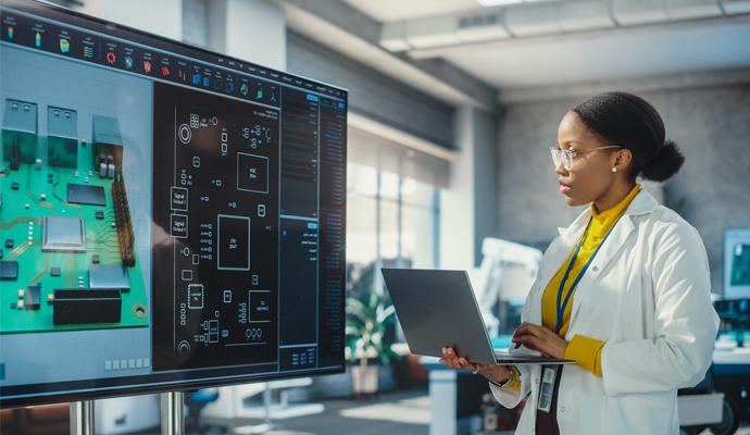 A woman in a lab coat checks a digital engineering drawing